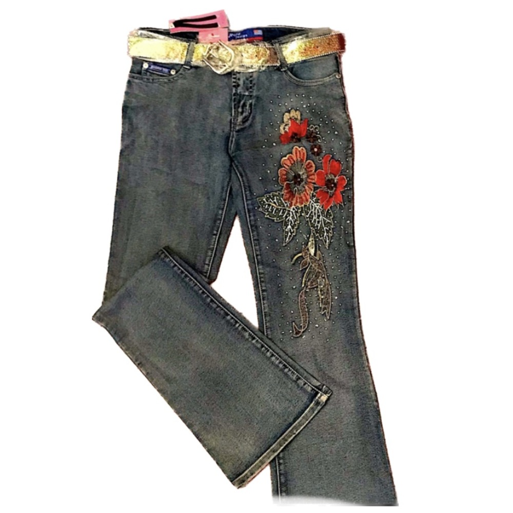 Runway style trendy fashionable denim embroidered jeans beaded sequins with belt